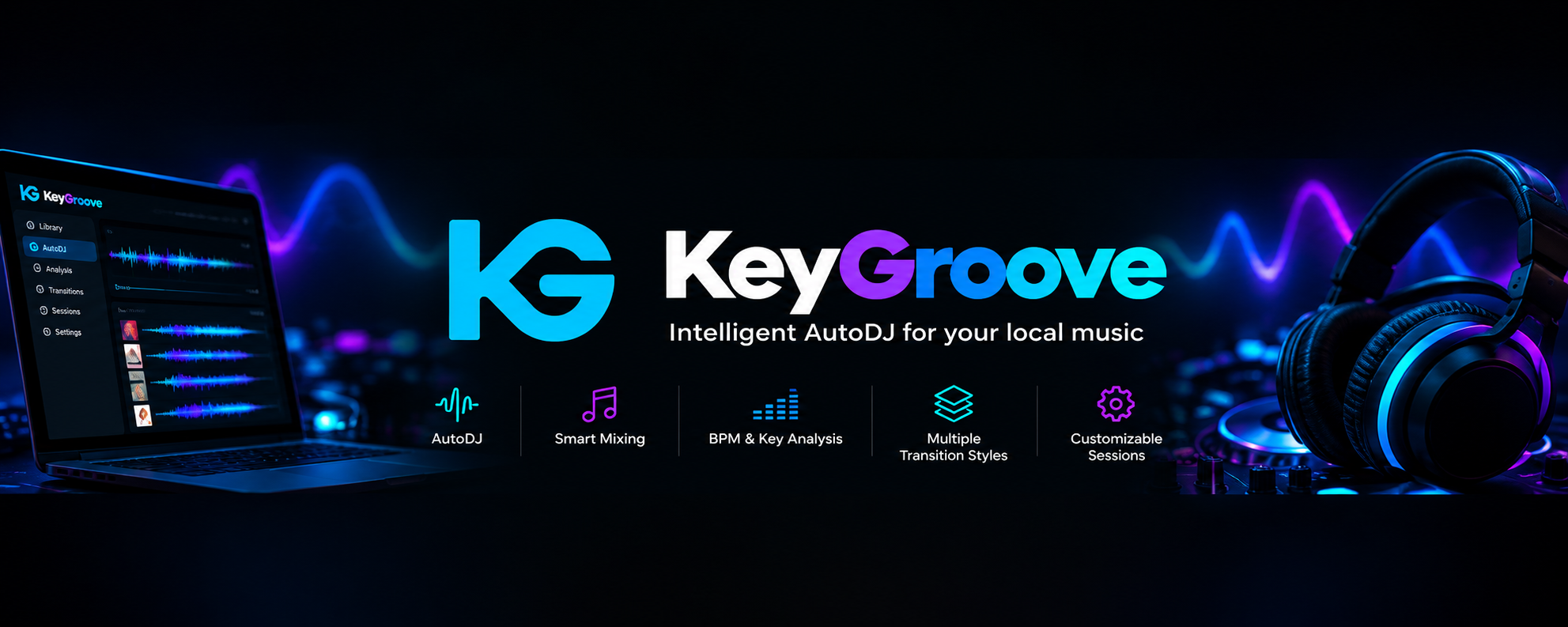 KeyGroove: AutoDJ para tu música local. Imagen promocional con un portátil, auriculares y opciones de mezcla, análisis musical, transiciones y personalización.