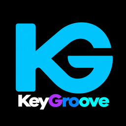 Logotipo oficial de KeyGroove: símbolo KG cian y nombre en blanco, violeta, azul y turquesa