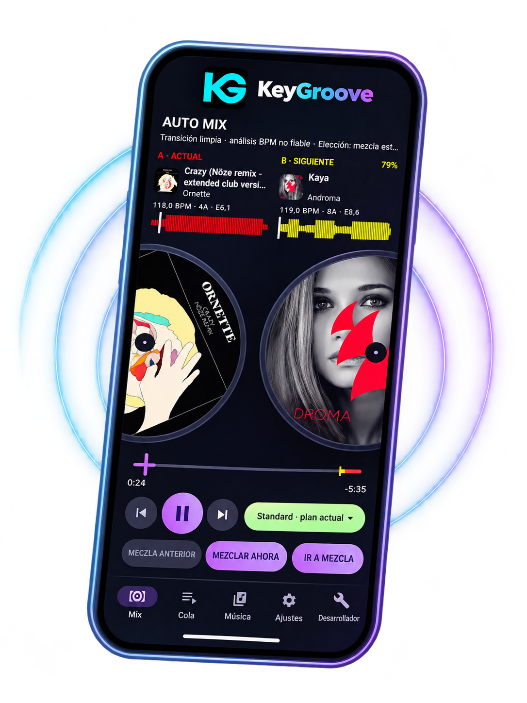 KeyGroove AutoDJ en Android con dos decks, formas de onda, controles de mezcla y círculos luminosos alrededor del teléfono.